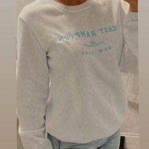 East Hampton white sweat shirt with blue lettering